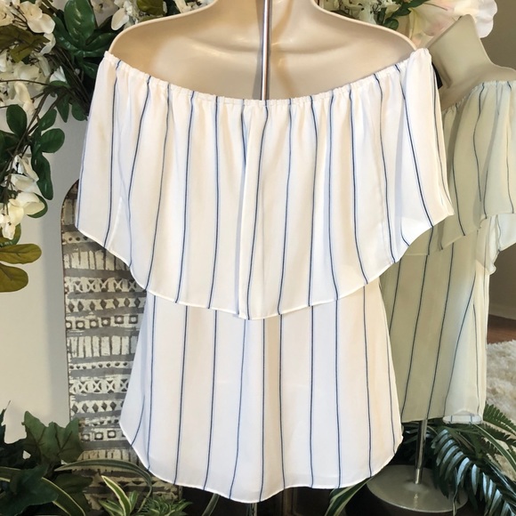 WHBM Off the Shoulder White and Blue Stripe Top - Picture 2 of 3